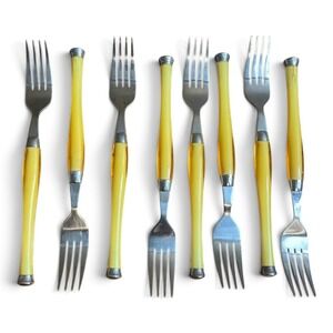 Gibson Stainless Steel Yellow Resin Handle Dinner Forks Set of 8 MCM Style